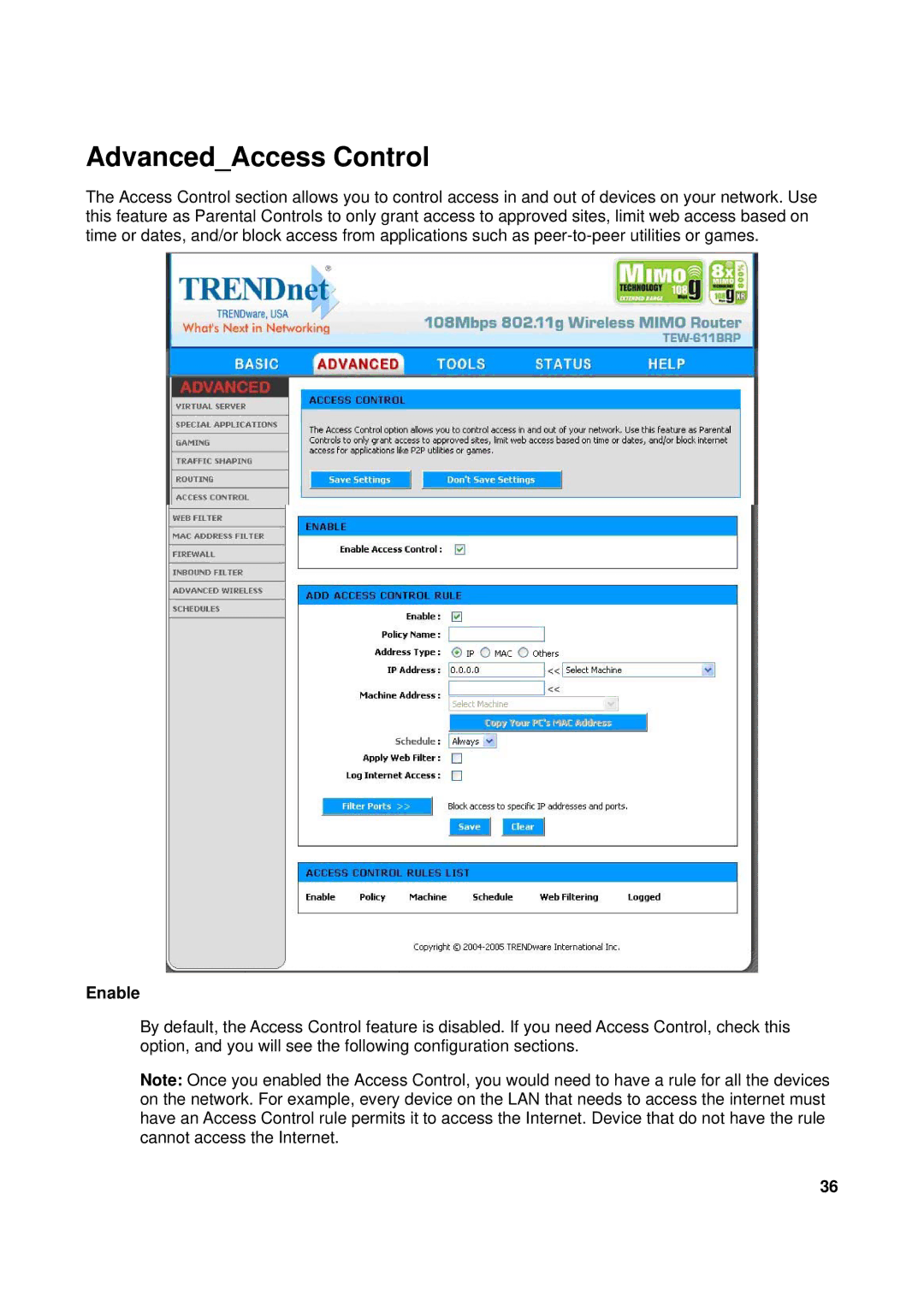 TRENDnet TEW-611BRP manual AdvancedAccess Control 