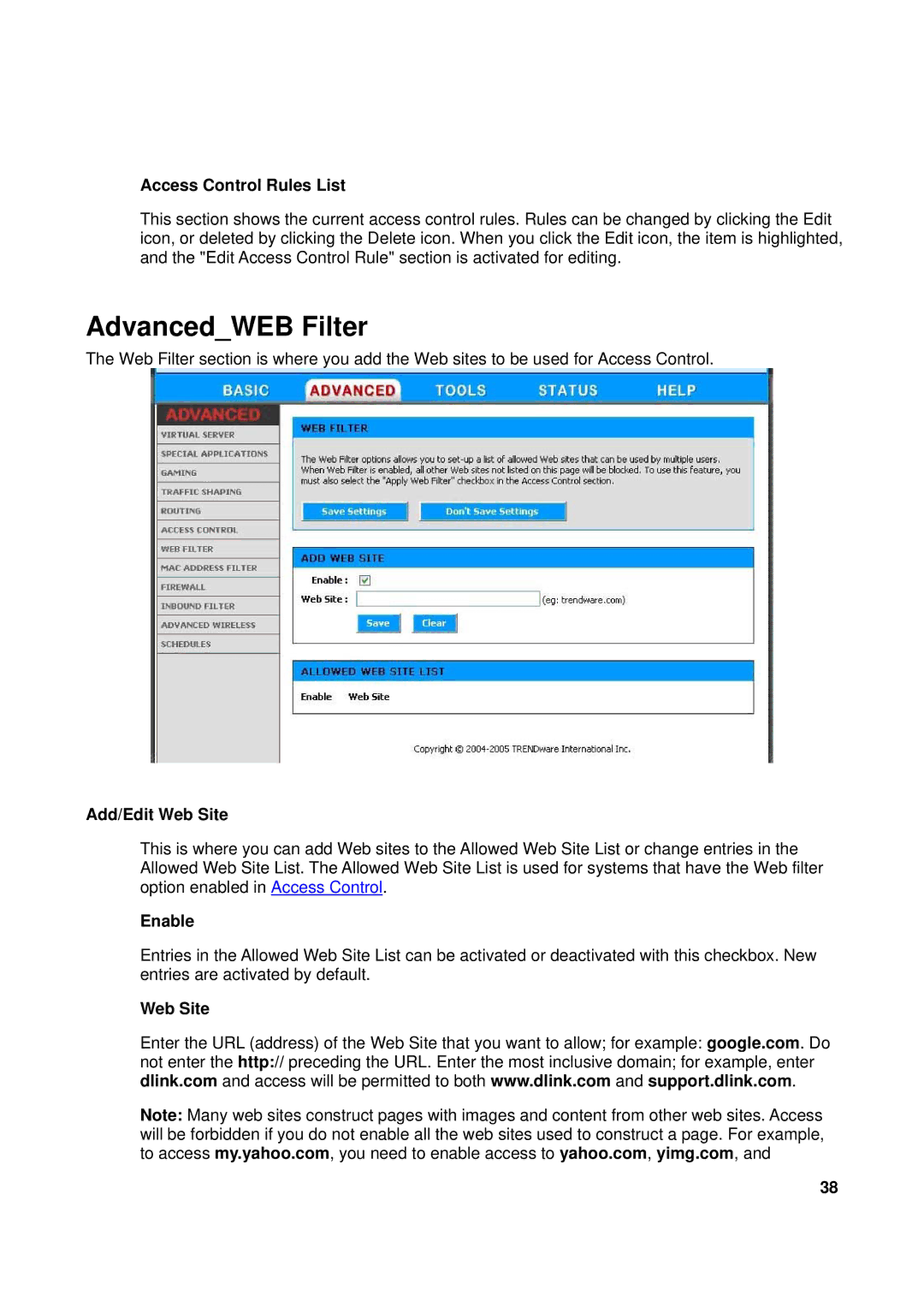 TRENDnet TEW-611BRP manual AdvancedWEB Filter, Access Control Rules List, Add/Edit Web Site 