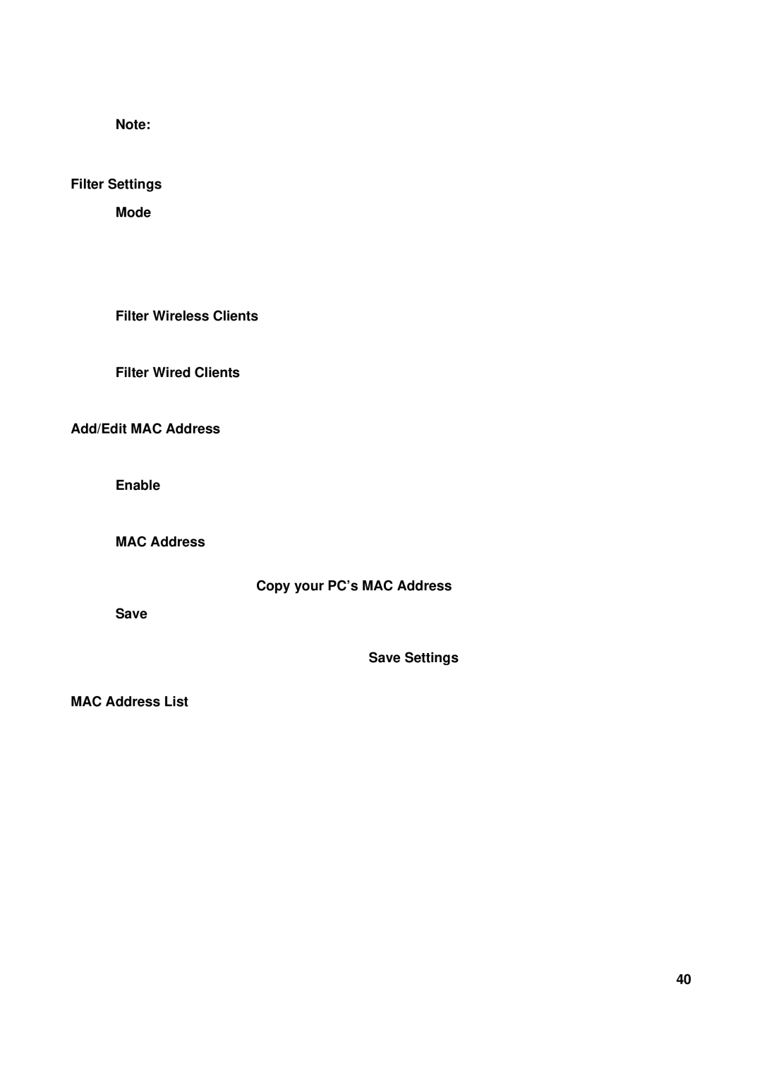 TRENDnet TEW-611BRP manual Filter Settings Mode, Filter Wireless Clients, Filter Wired Clients, Add/Edit MAC Address 