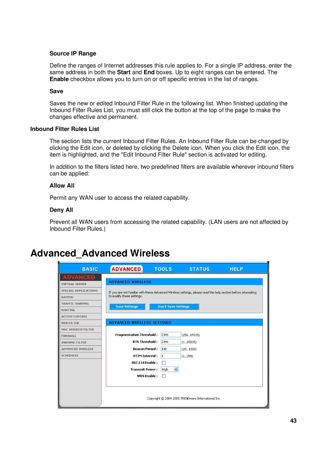 TRENDnet TEW-611BRP manual AdvancedAdvanced Wireless, Inbound Filter Rules List, Allow All, Deny All 