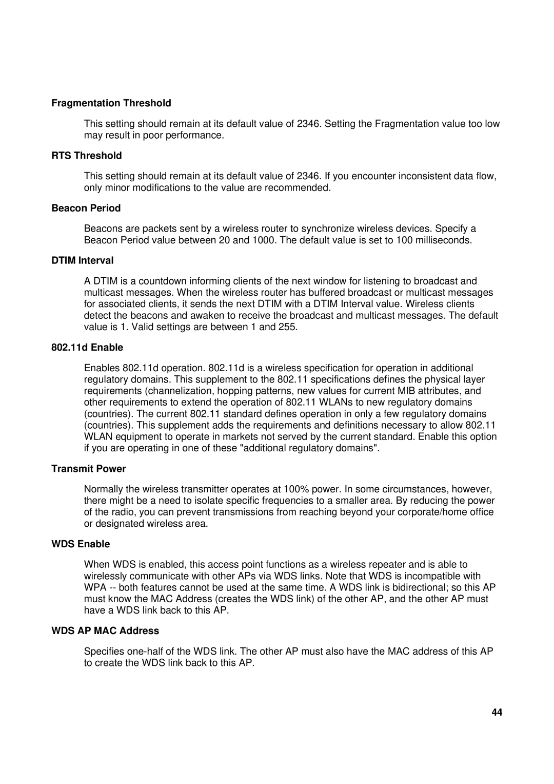 TRENDnet TEW-611BRP Fragmentation Threshold, RTS Threshold, Beacon Period, Dtim Interval, 802.11d Enable, Transmit Power 