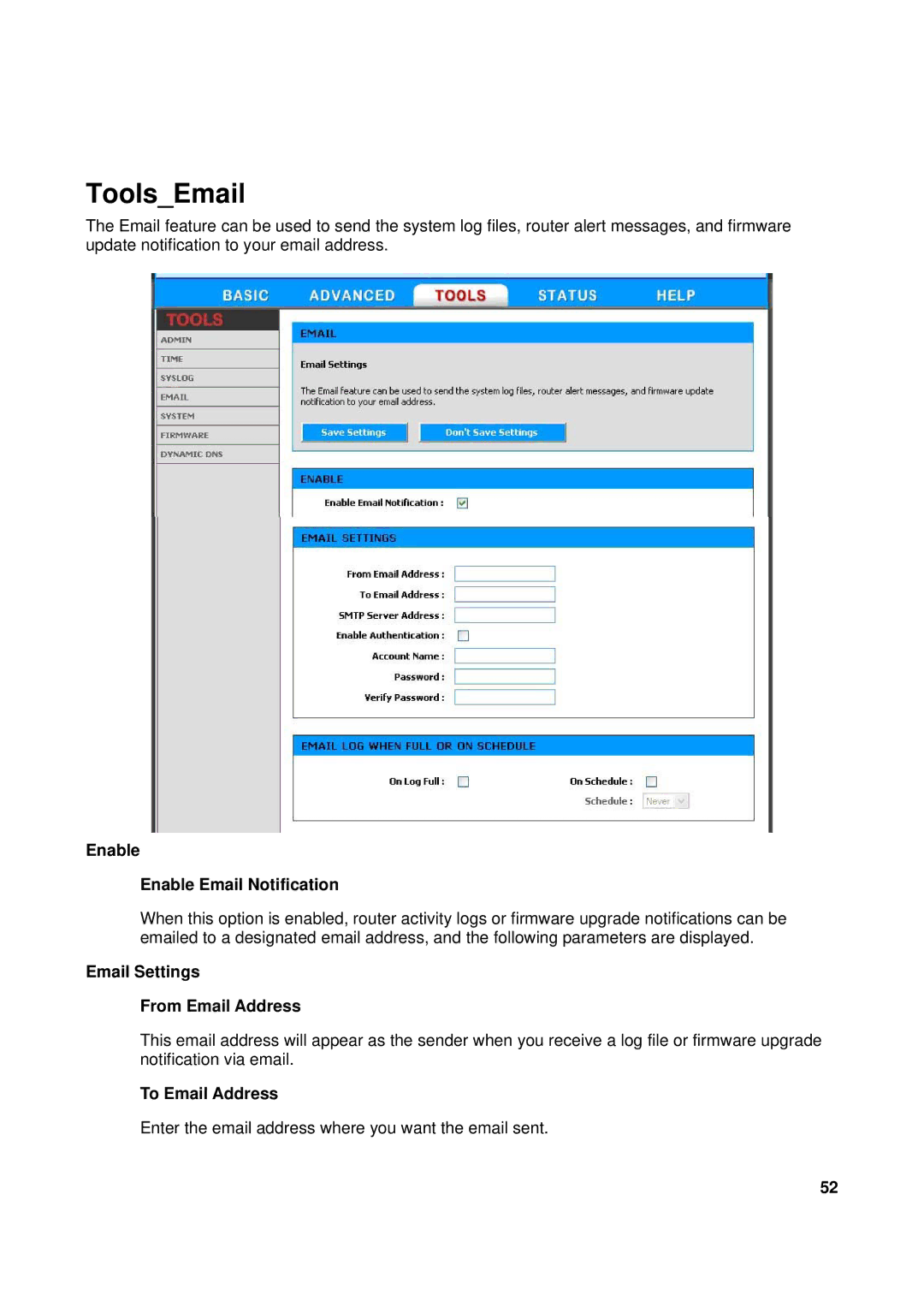 TRENDnet TEW-611BRP ToolsEmail, Enable Enable Email Notification, Email Settings From Email Address, To Email Address 