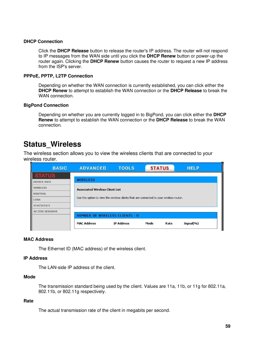 TRENDnet TEW-611BRP manual StatusWireless, Dhcp Connection, PPPoE, PPTP, L2TP Connection, BigPond Connection, Rate 