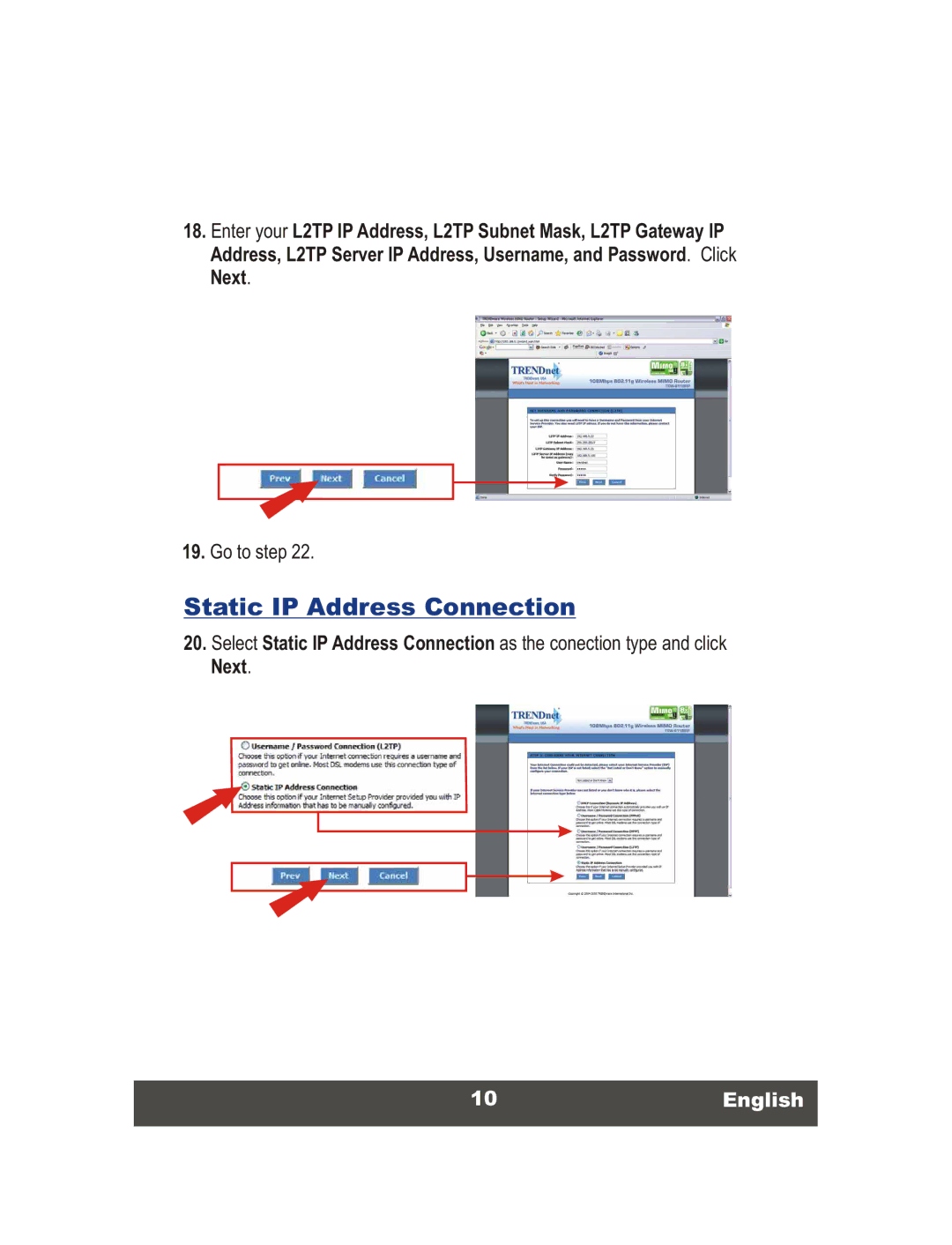 TRENDnet TEW-611BRP manual Static IP Address Connection, 10English 