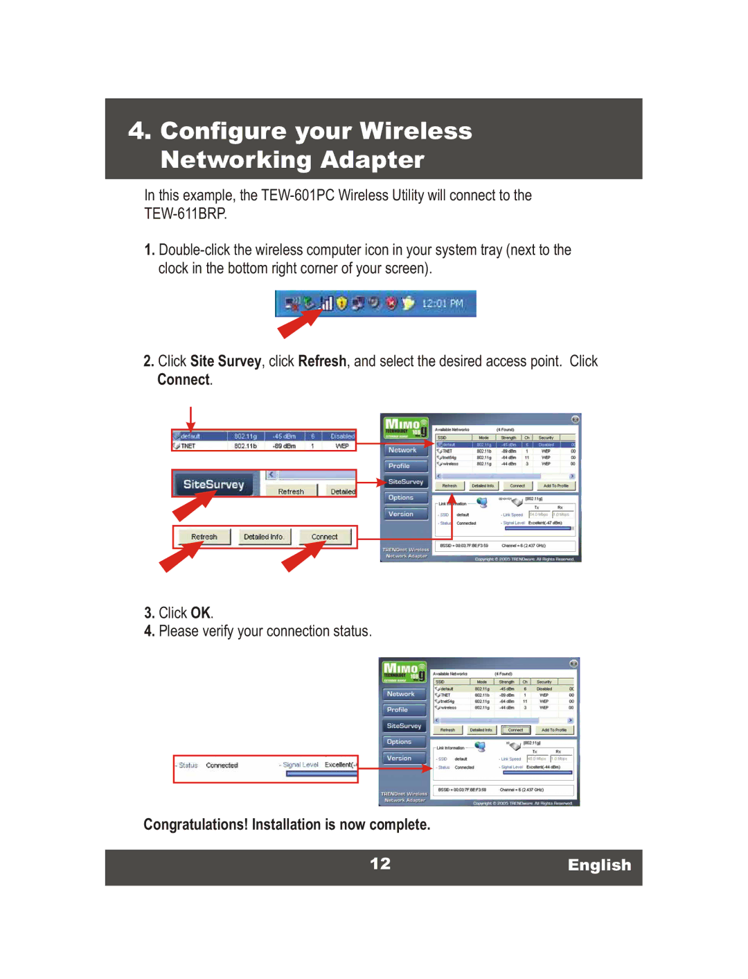 TRENDnet TEW-611BRP manual Configure your Wireless Networking Adapter, 12English 