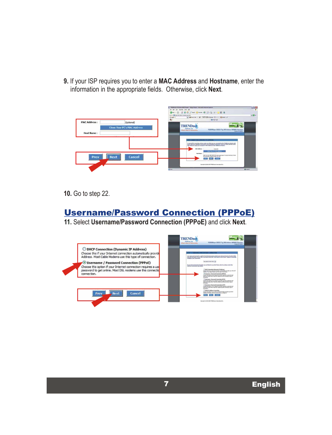 TRENDnet TEW-611BRP manual Username/Password Connection PPPoE, 7English 