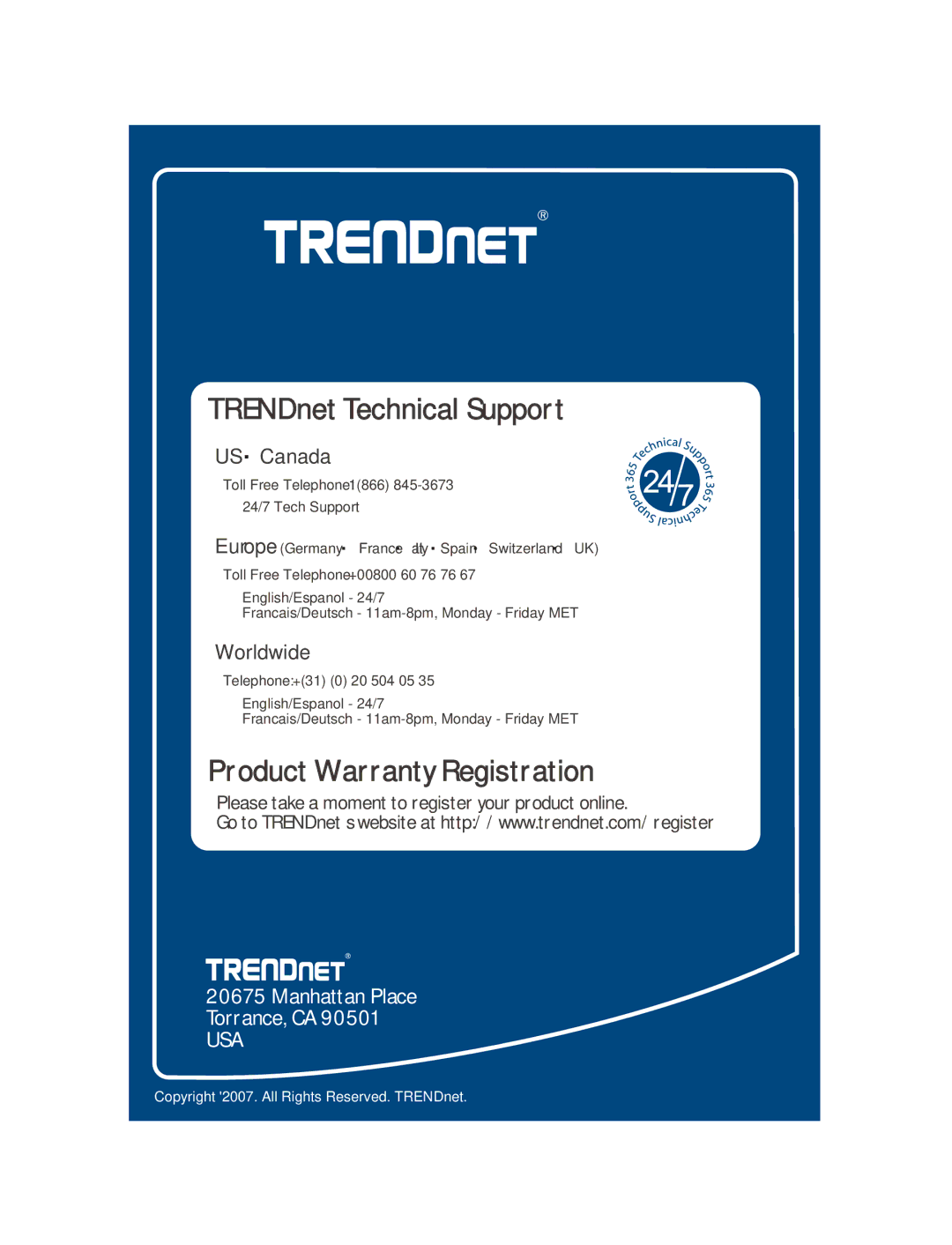 TRENDnet TEW-621PC manual TRENDnet Technical Support 