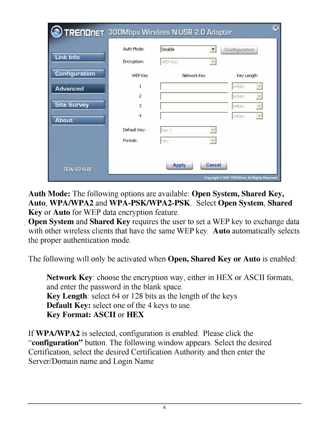 TRENDnet TEW-624UB manual Key Format Ascii or HEX 