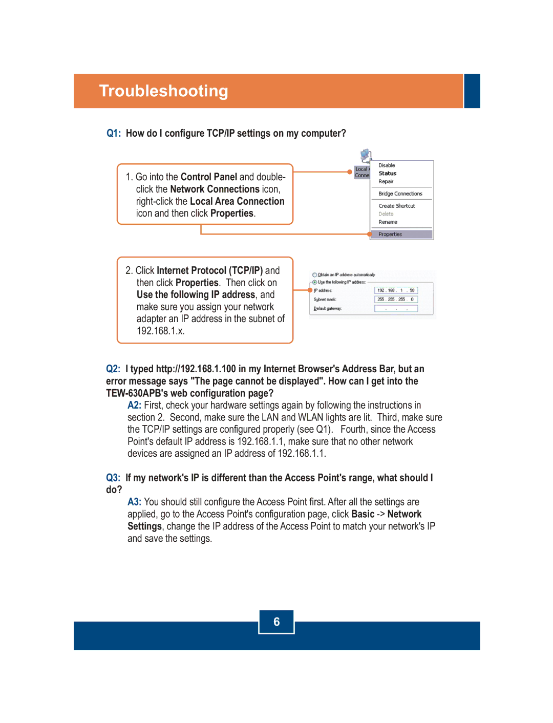 TRENDnet TEW-630APB manual Troubleshooting, Q1 How do I configure TCP/IP settings on my computer? 