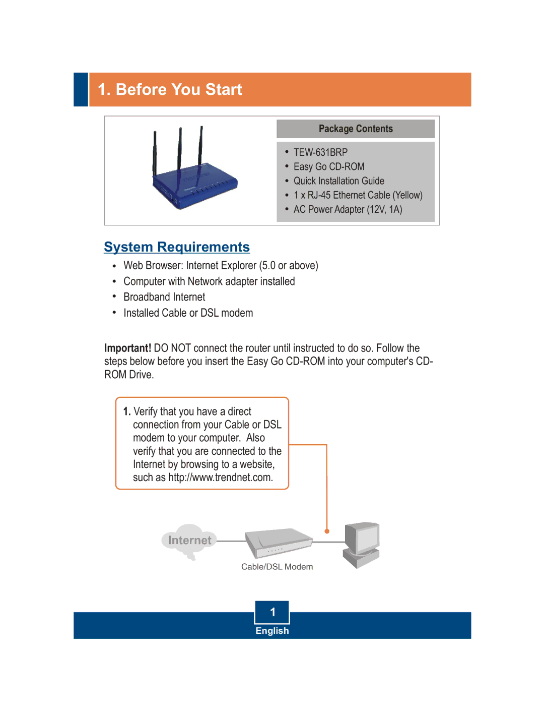 TRENDnet TEW-631BRP manual Before You Start, Package Contents 