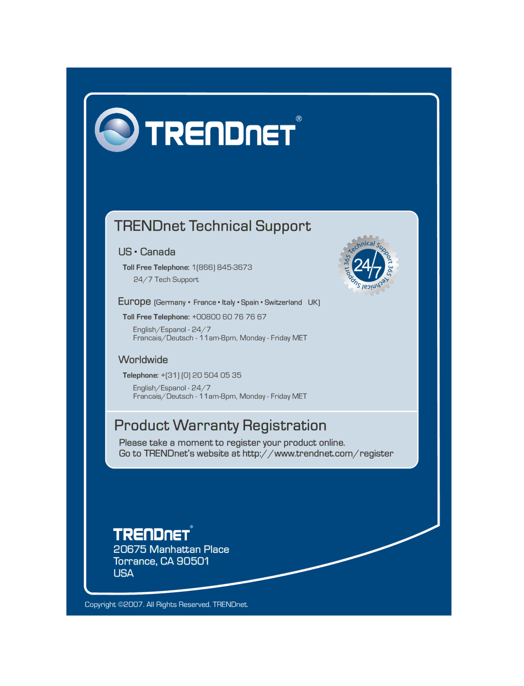 TRENDnet TEW-633GR manual TRENDnet Technical Support 