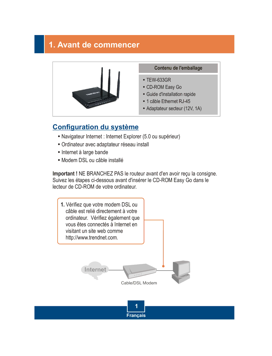 TRENDnet TEW-633GR manual Avant de commencer, Configuration du système 