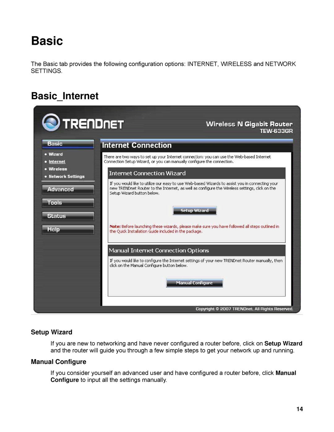 TRENDnet TEW-633GR manual BasicInternet 