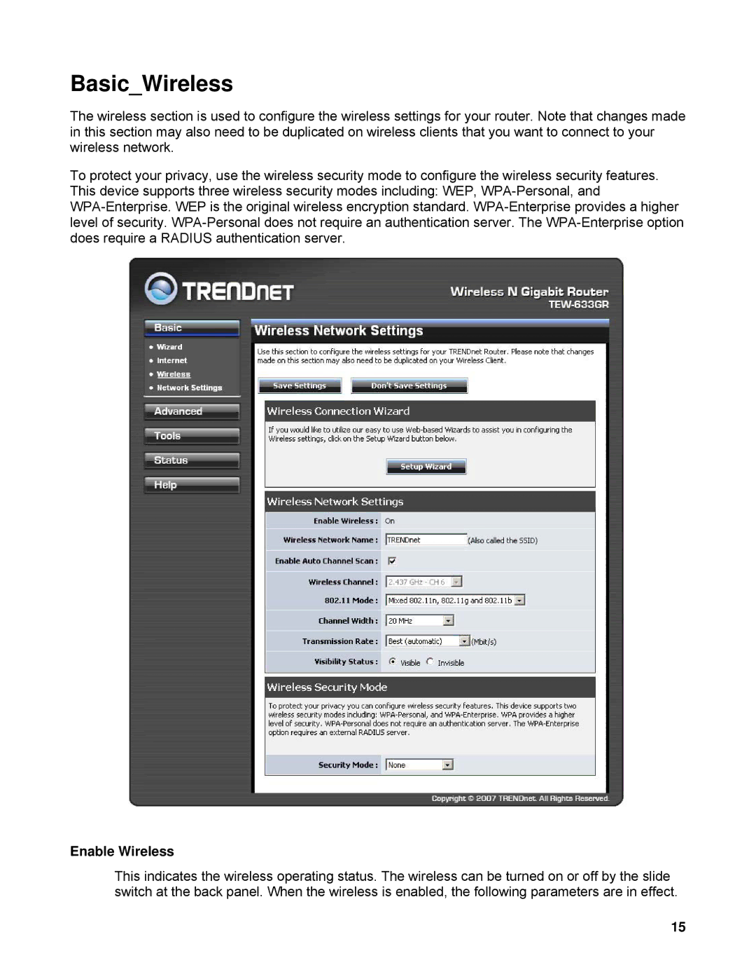 TRENDnet TEW-633GR manual BasicWireless, Enable Wireless 