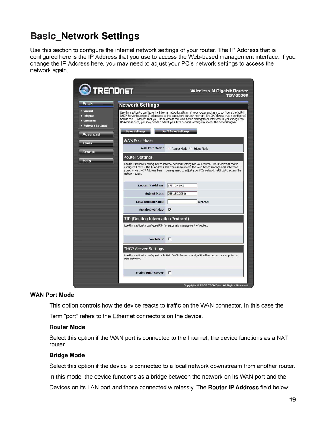 TRENDnet TEW-633GR manual BasicNetwork Settings, WAN Port Mode, Router Mode, Bridge Mode 