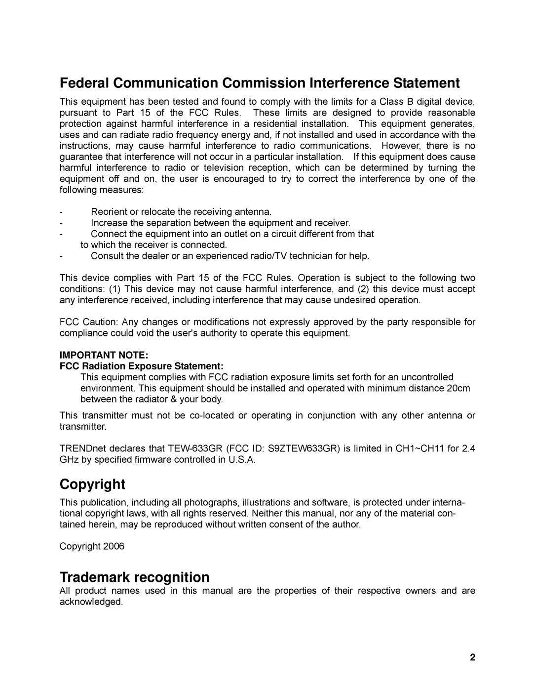 TRENDnet TEW-633GR manual Important Note, FCC Radiation Exposure Statement 