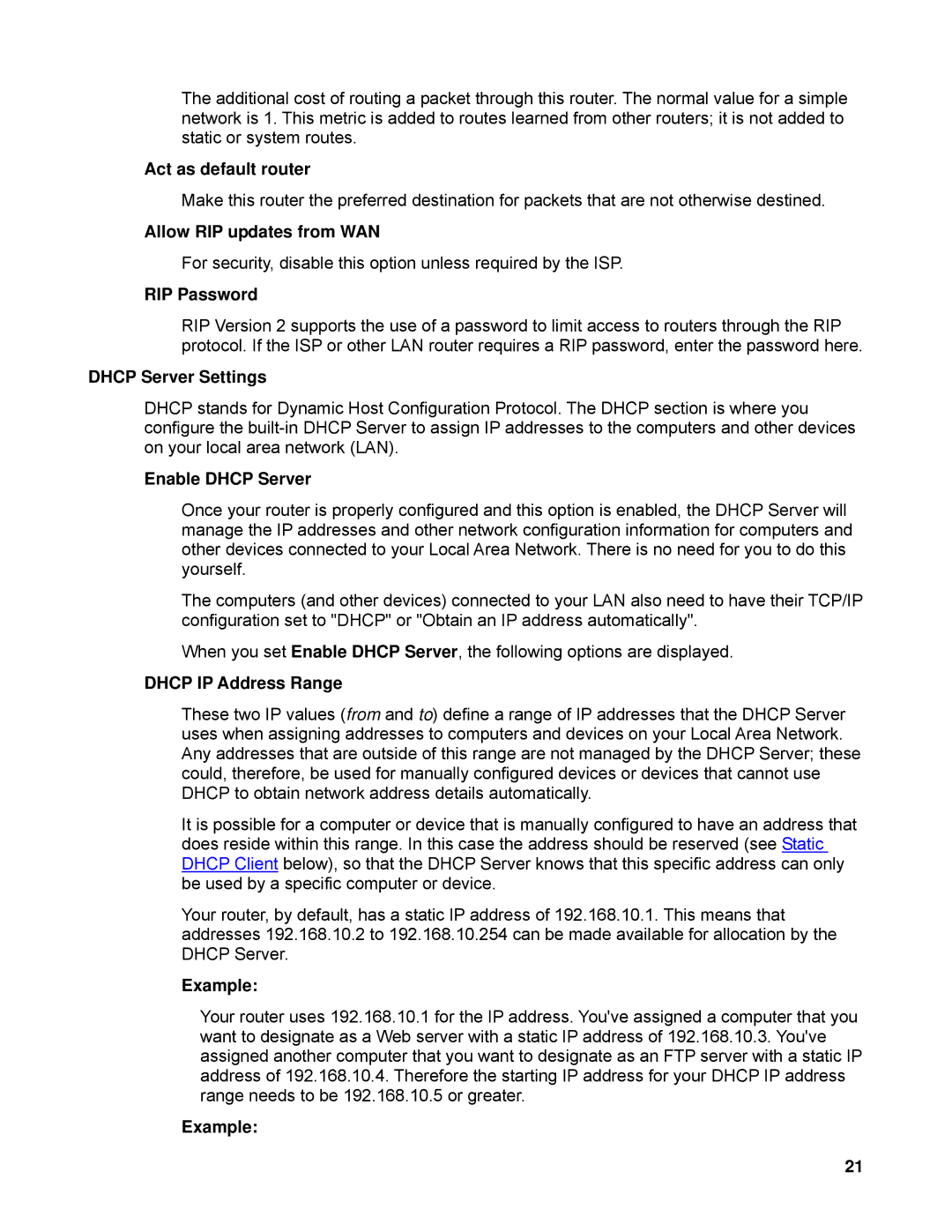 TRENDnet TEW-633GR manual Act as default router, Allow RIP updates from WAN, RIP Password, Dhcp Server Settings 