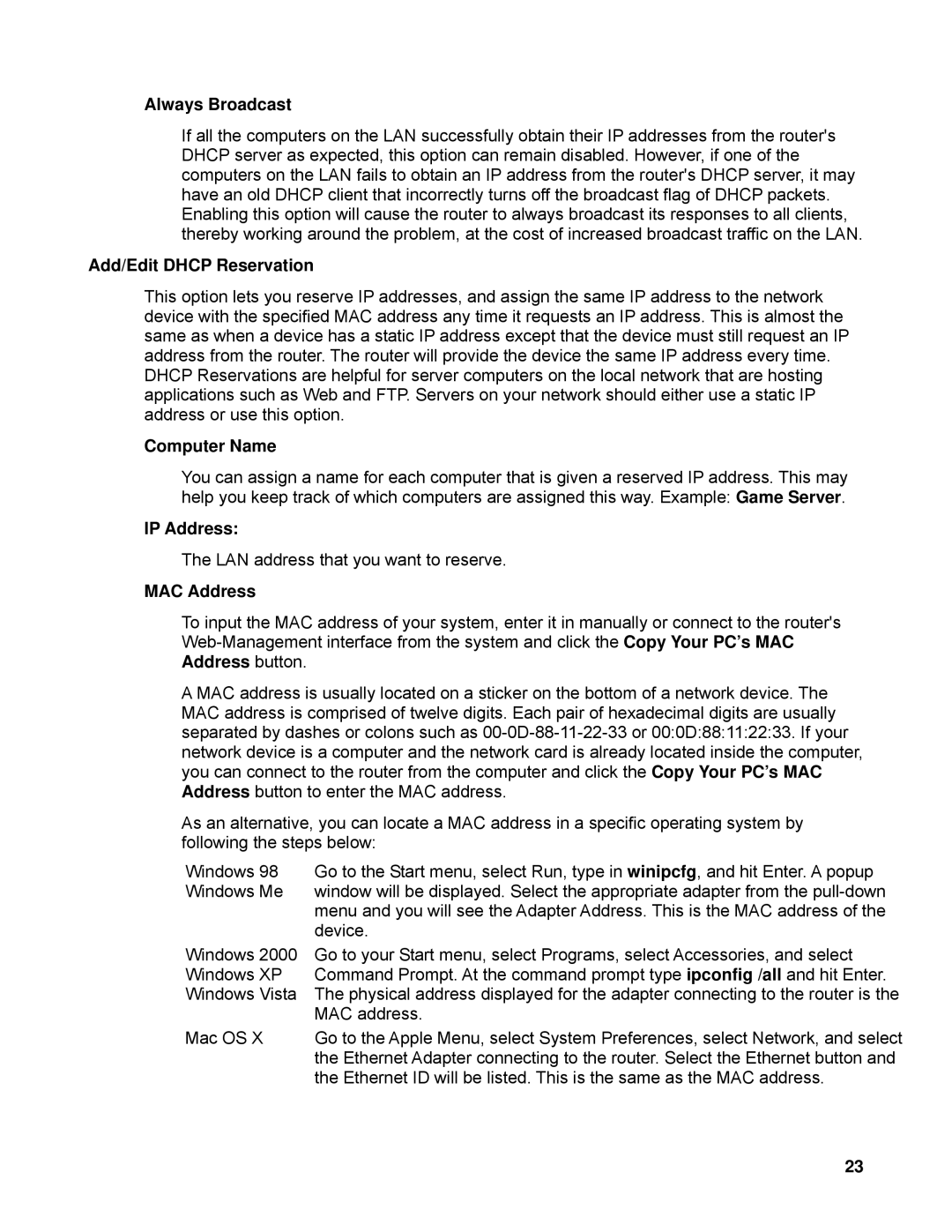 TRENDnet TEW-633GR manual Always Broadcast, Add/Edit Dhcp Reservation, Computer Name, MAC Address 