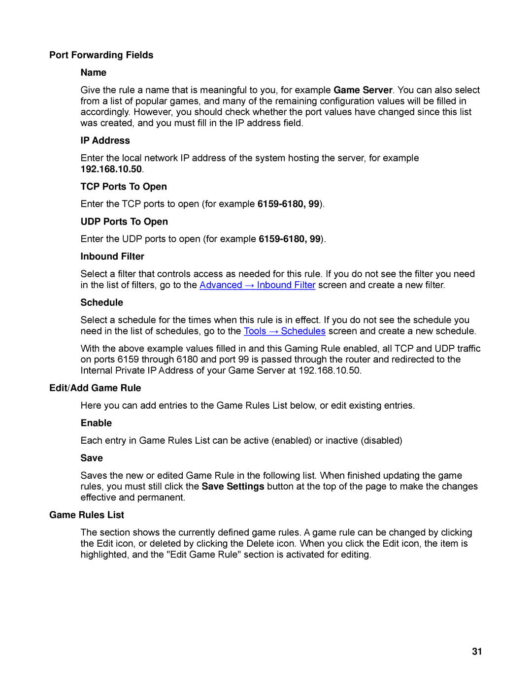 TRENDnet TEW-633GR Port Forwarding Fields Name, TCP Ports To Open, UDP Ports To Open, Edit/Add Game Rule, Game Rules List 