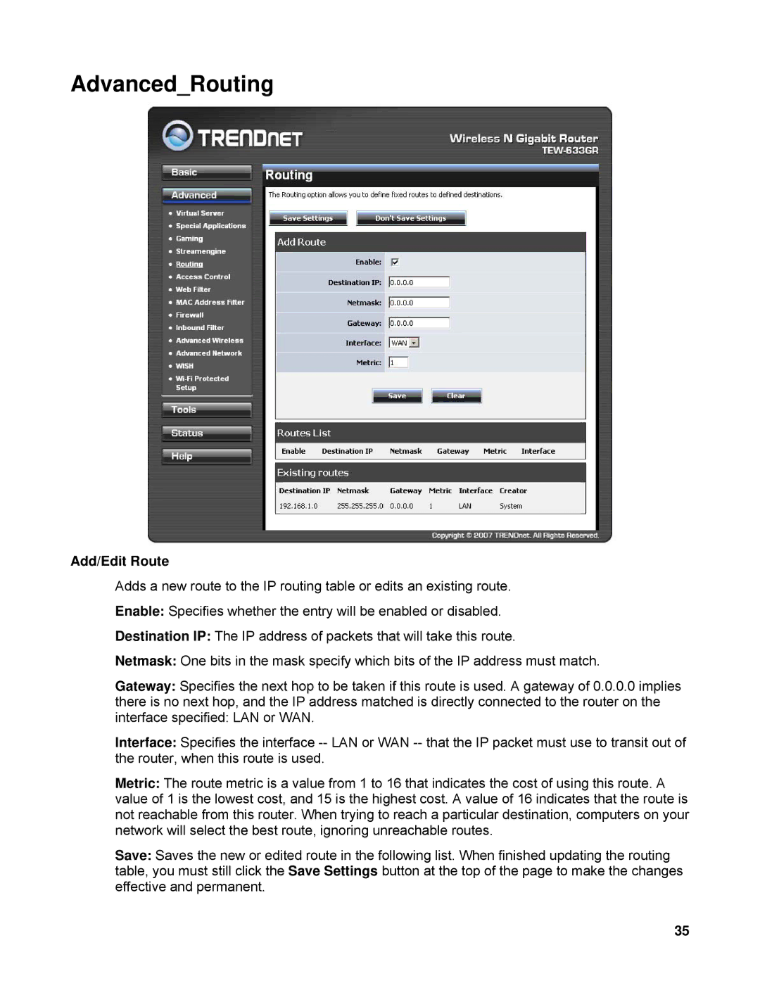 TRENDnet TEW-633GR manual AdvancedRouting, Add/Edit Route 