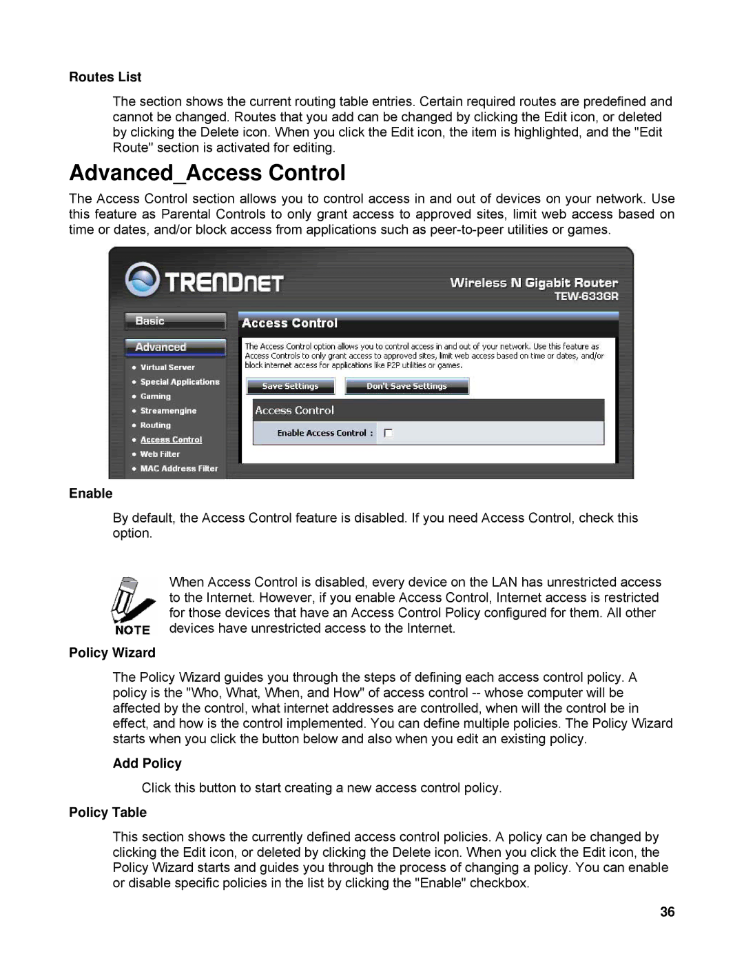 TRENDnet TEW-633GR manual AdvancedAccess Control, Routes List, Policy Wizard, Add Policy, Policy Table 