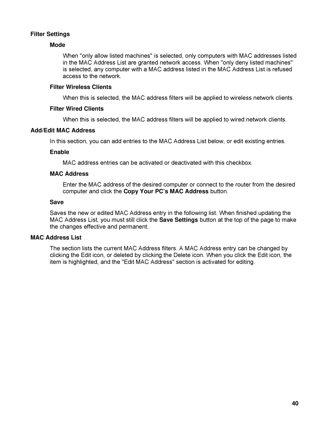 TRENDnet TEW-633GR manual Filter Settings Mode, Filter Wireless Clients, Filter Wired Clients, Add/Edit MAC Address 