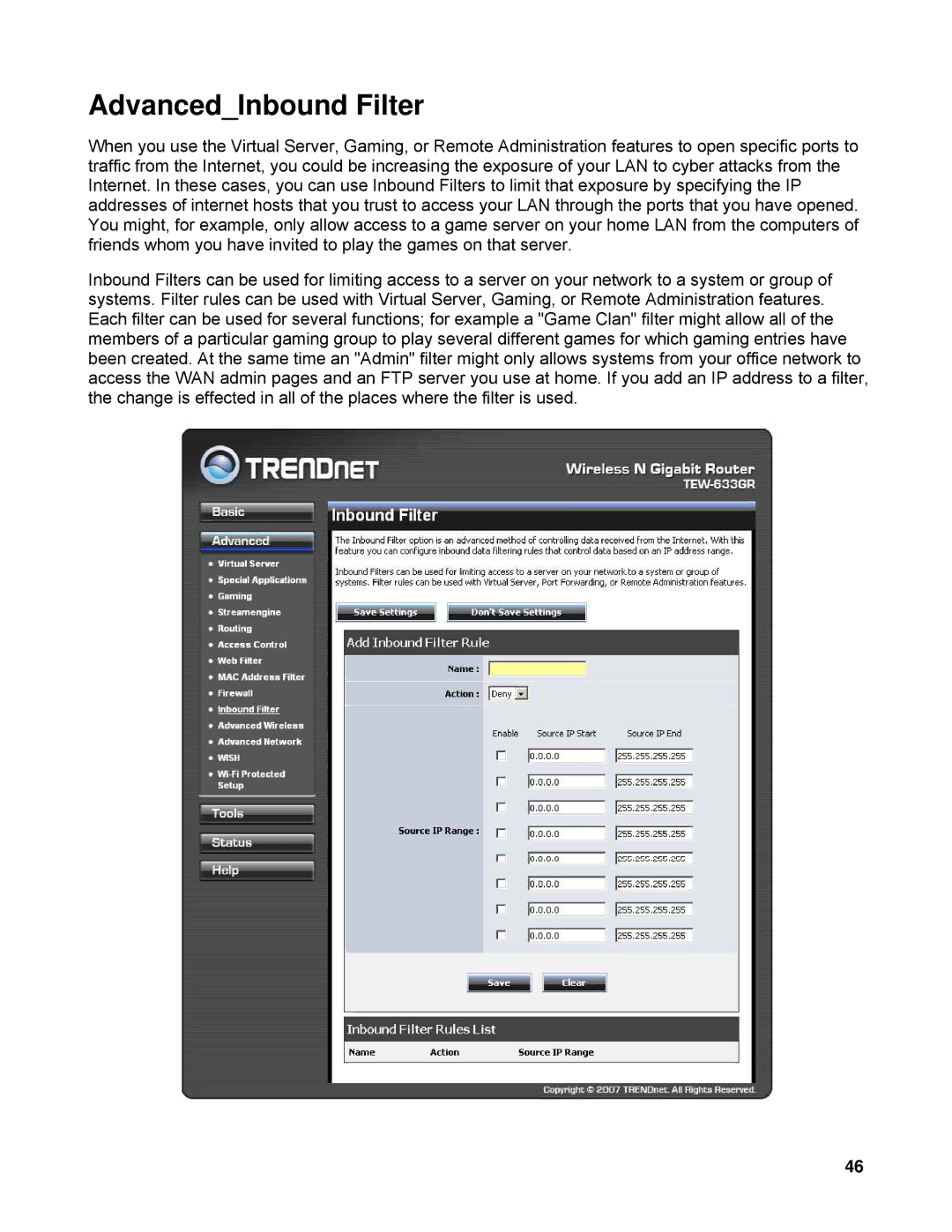 TRENDnet TEW-633GR manual AdvancedInbound Filter 