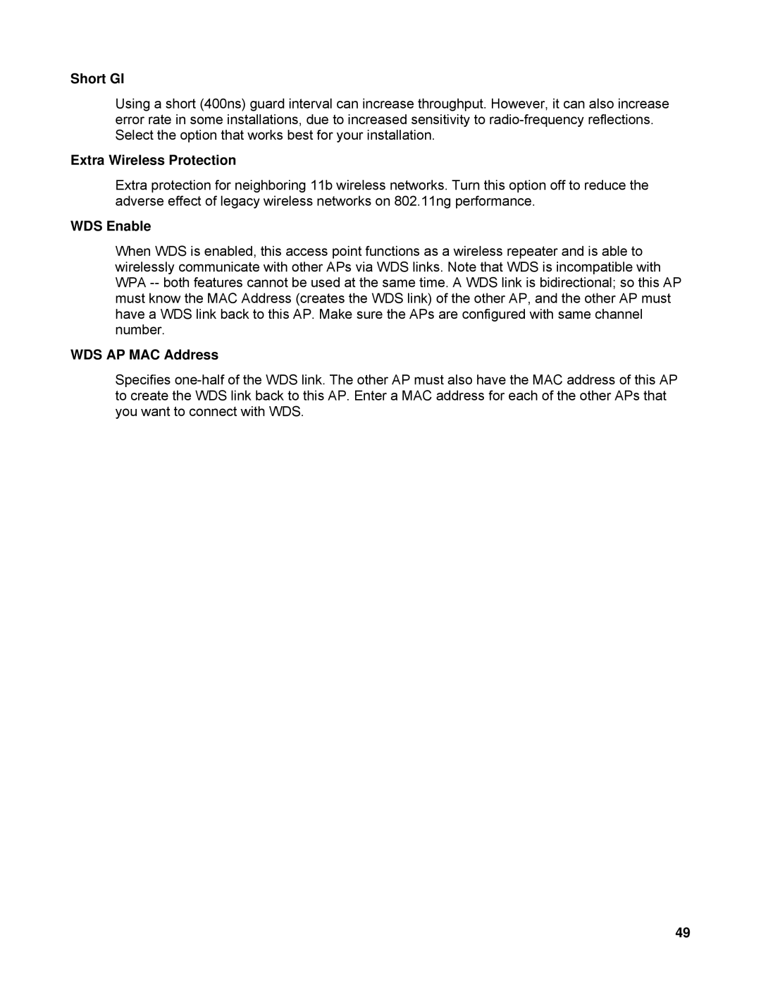 TRENDnet TEW-633GR manual Short GI, Extra Wireless Protection, WDS Enable, WDS AP MAC Address 