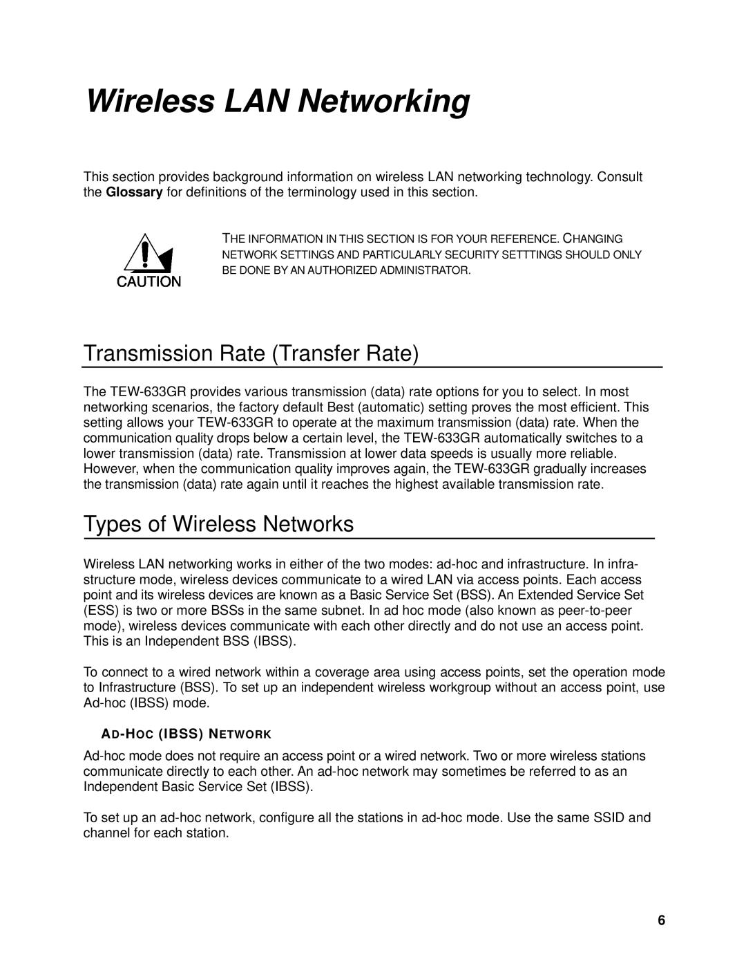 TRENDnet TEW-633GR manual Wireless LAN Networking, AD-HOCIBSS Network 