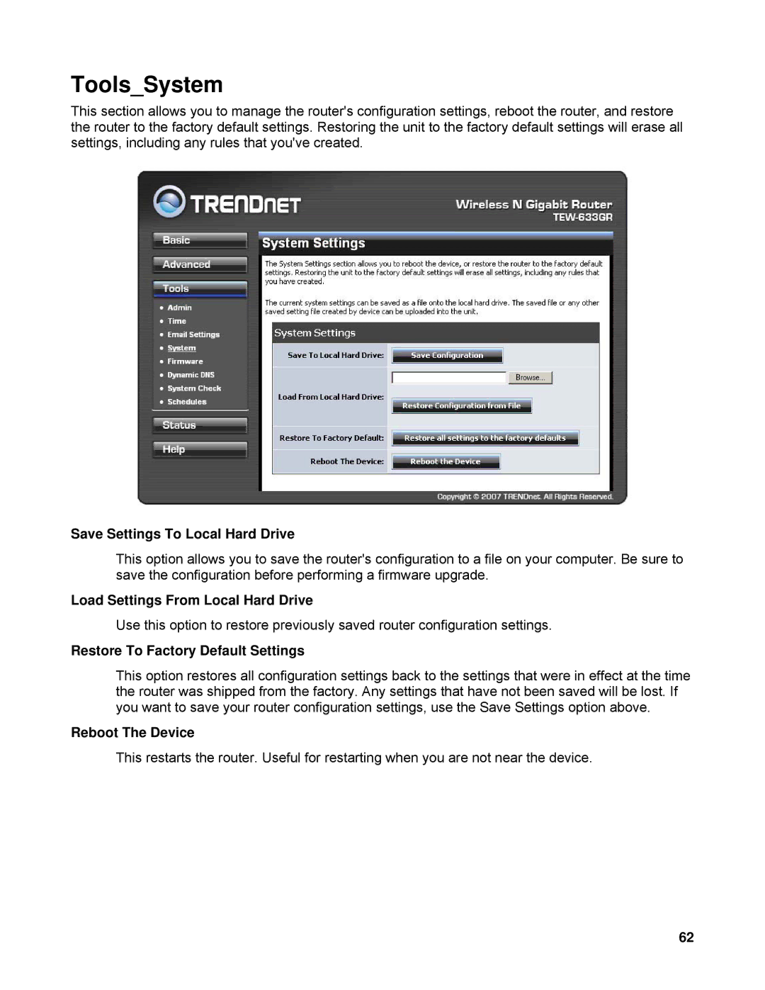 TRENDnet TEW-633GR ToolsSystem, Save Settings To Local Hard Drive, Load Settings From Local Hard Drive, Reboot The Device 