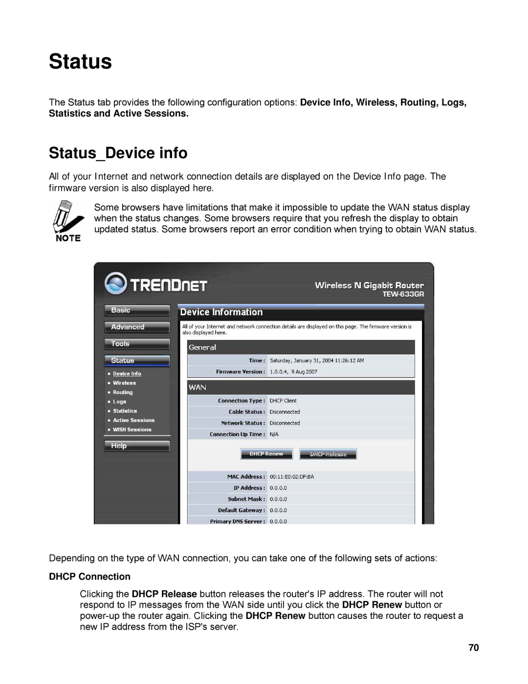 TRENDnet TEW-633GR manual StatusDevice info, Statistics and Active Sessions, Dhcp Connection 