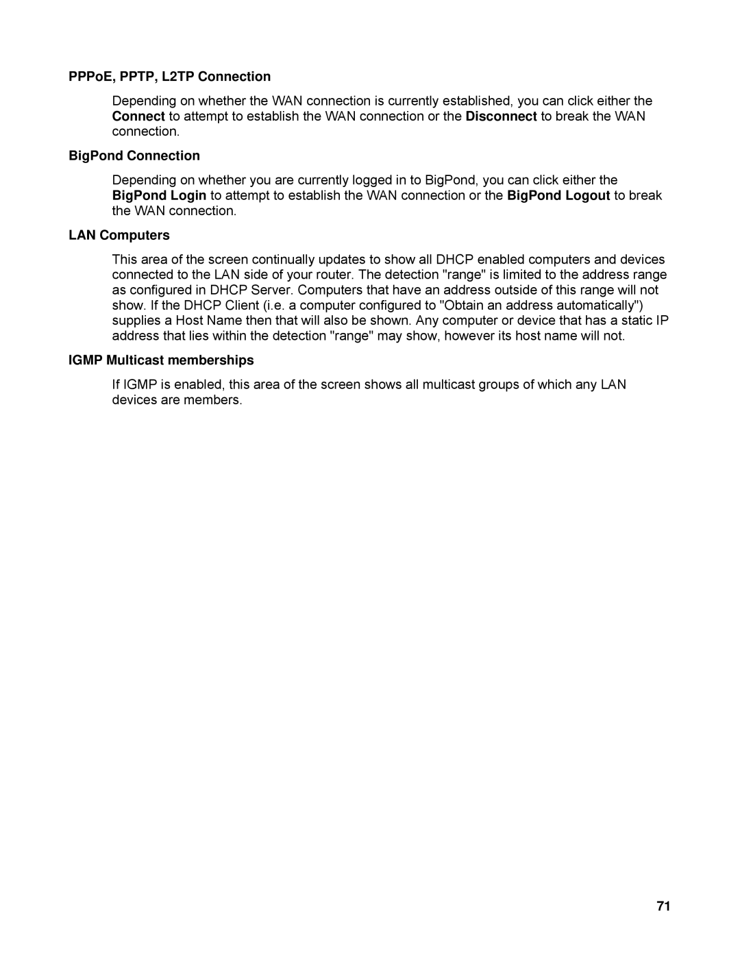 TRENDnet TEW-633GR manual PPPoE, PPTP, L2TP Connection, BigPond Connection, LAN Computers, Igmp Multicast memberships 