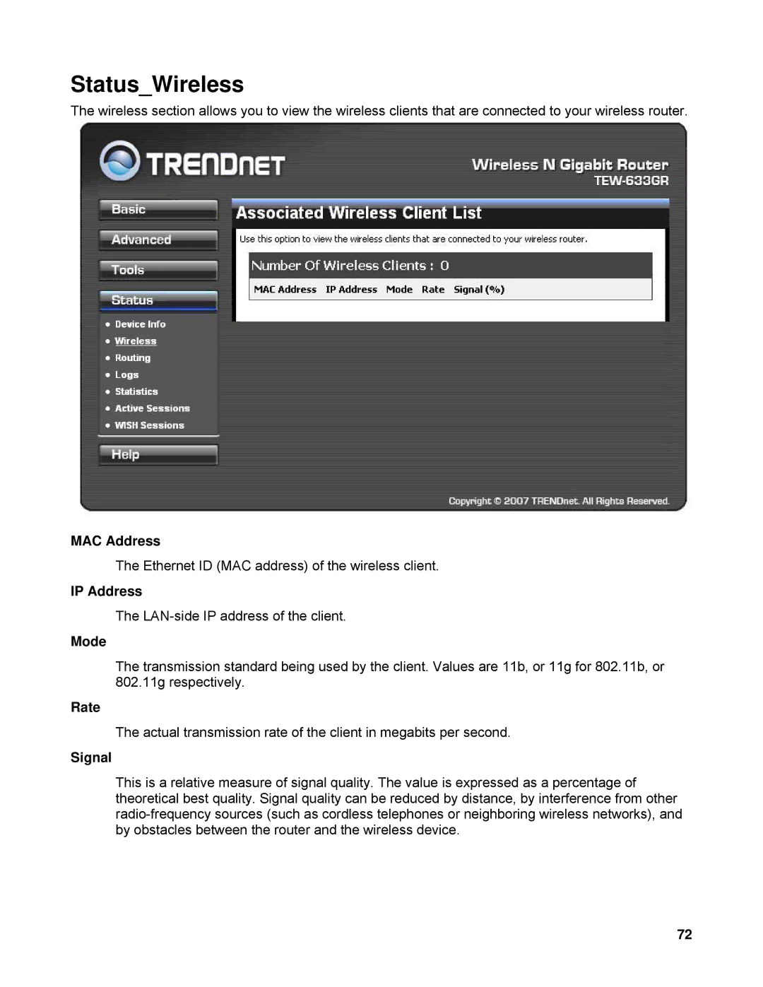 TRENDnet TEW-633GR manual StatusWireless, Rate, Signal 