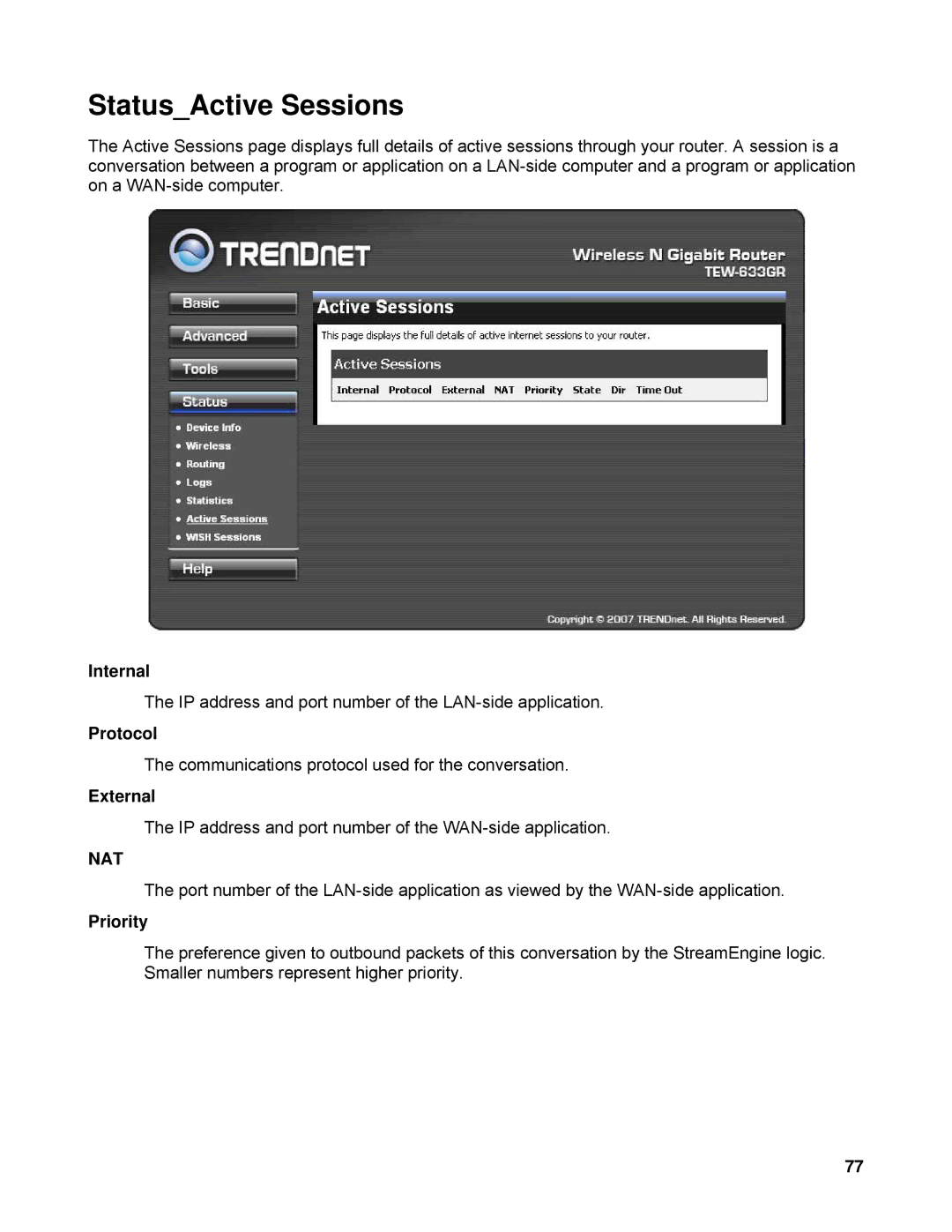 TRENDnet TEW-633GR manual StatusActive Sessions, Internal, External, Nat 