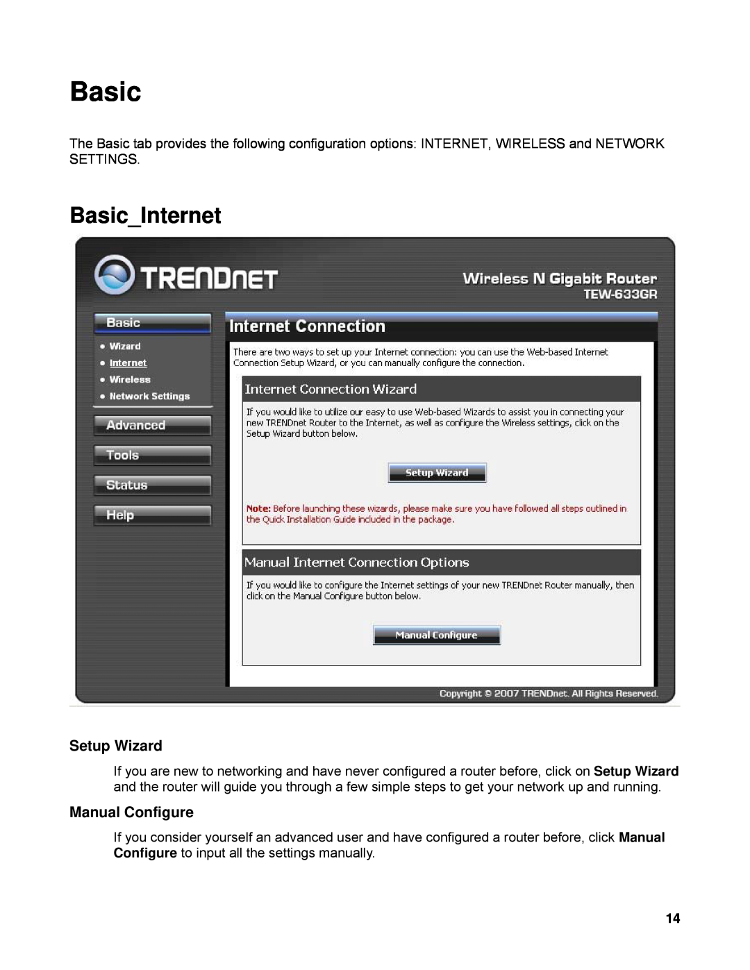 TRENDnet TEW-633GR manual BasicInternet, Setup Wizard, Manual Configure 