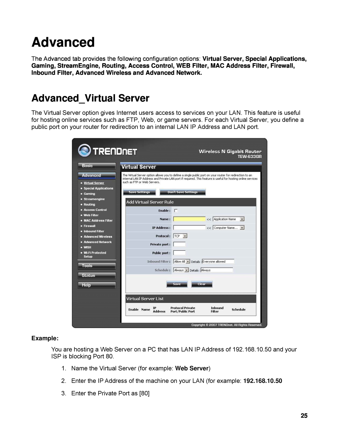 TRENDnet TEW-633GR manual AdvancedVirtual Server, Example 
