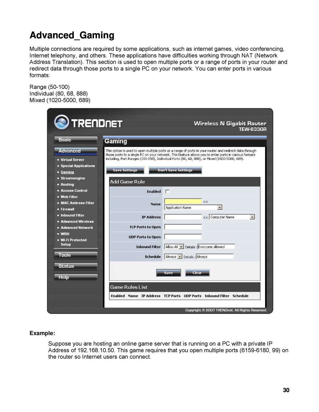 TRENDnet TEW-633GR manual AdvancedGaming, Example 