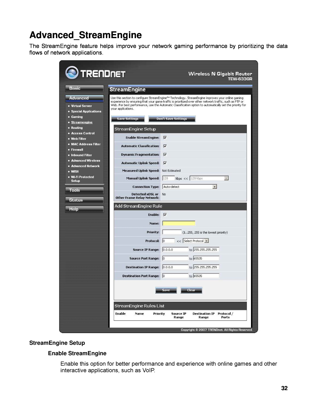 TRENDnet TEW-633GR manual AdvancedStreamEngine, StreamEngine Setup Enable StreamEngine 