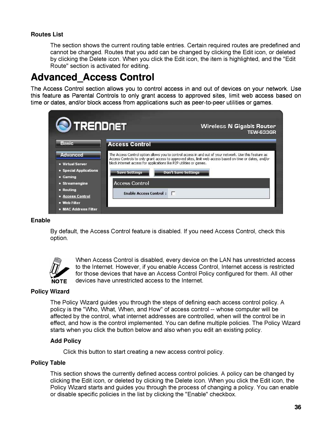 TRENDnet TEW-633GR manual AdvancedAccess Control, Routes List, Enable, Policy Wizard, Add Policy, Policy Table 