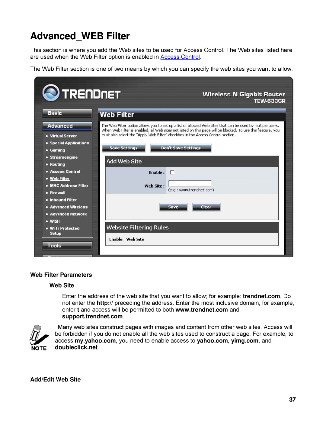 TRENDnet TEW-633GR manual AdvancedWEB Filter, Web Filter Parameters Web Site, Add/Edit Web Site 