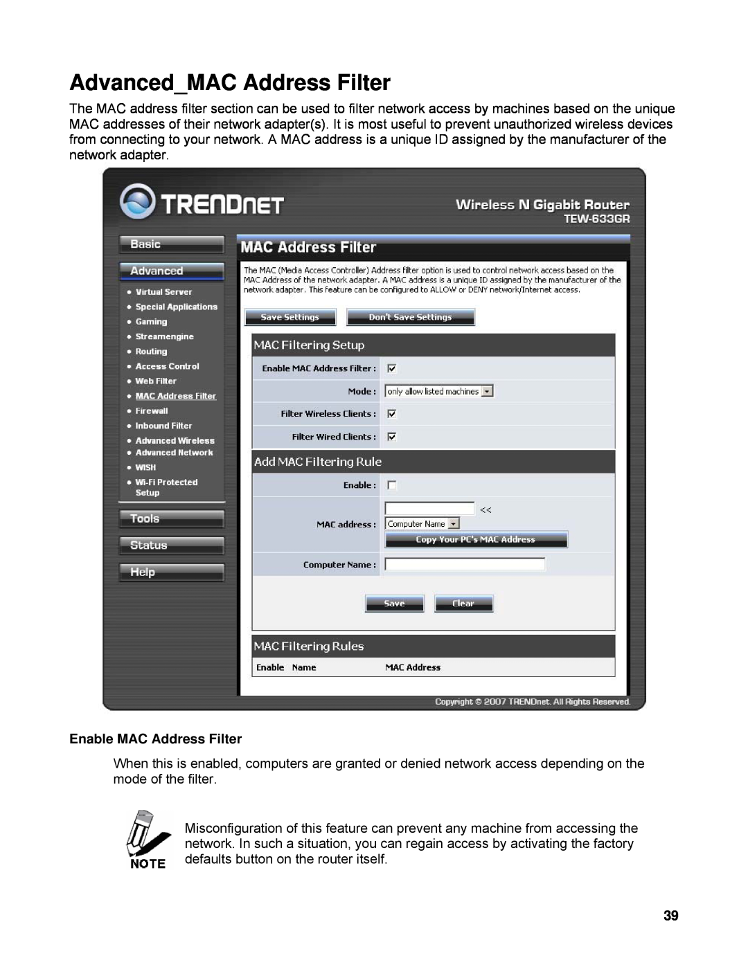 TRENDnet TEW-633GR manual AdvancedMAC Address Filter, Enable MAC Address Filter 