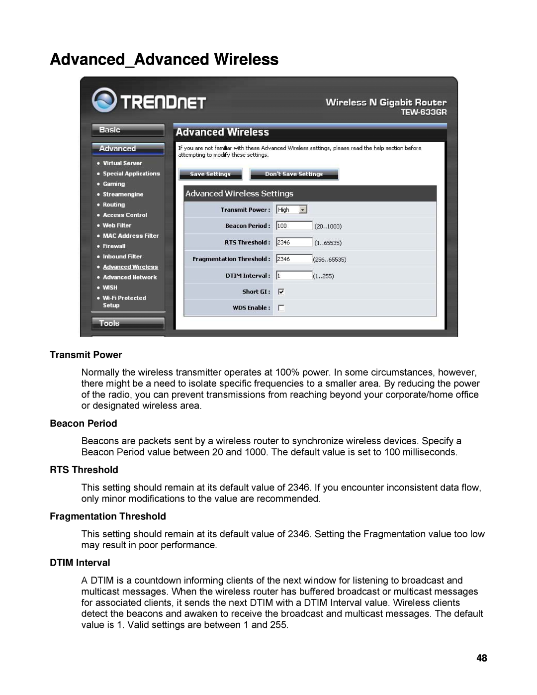 TRENDnet TEW-633GR manual AdvancedAdvanced Wireless, Transmit Power, Beacon Period, RTS Threshold, Fragmentation Threshold 