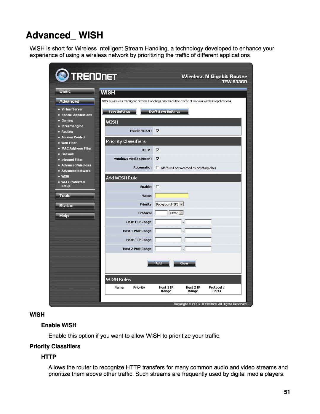 TRENDnet TEW-633GR manual Advanced WISH, WISH Enable WISH, Priority Classifiers HTTP 