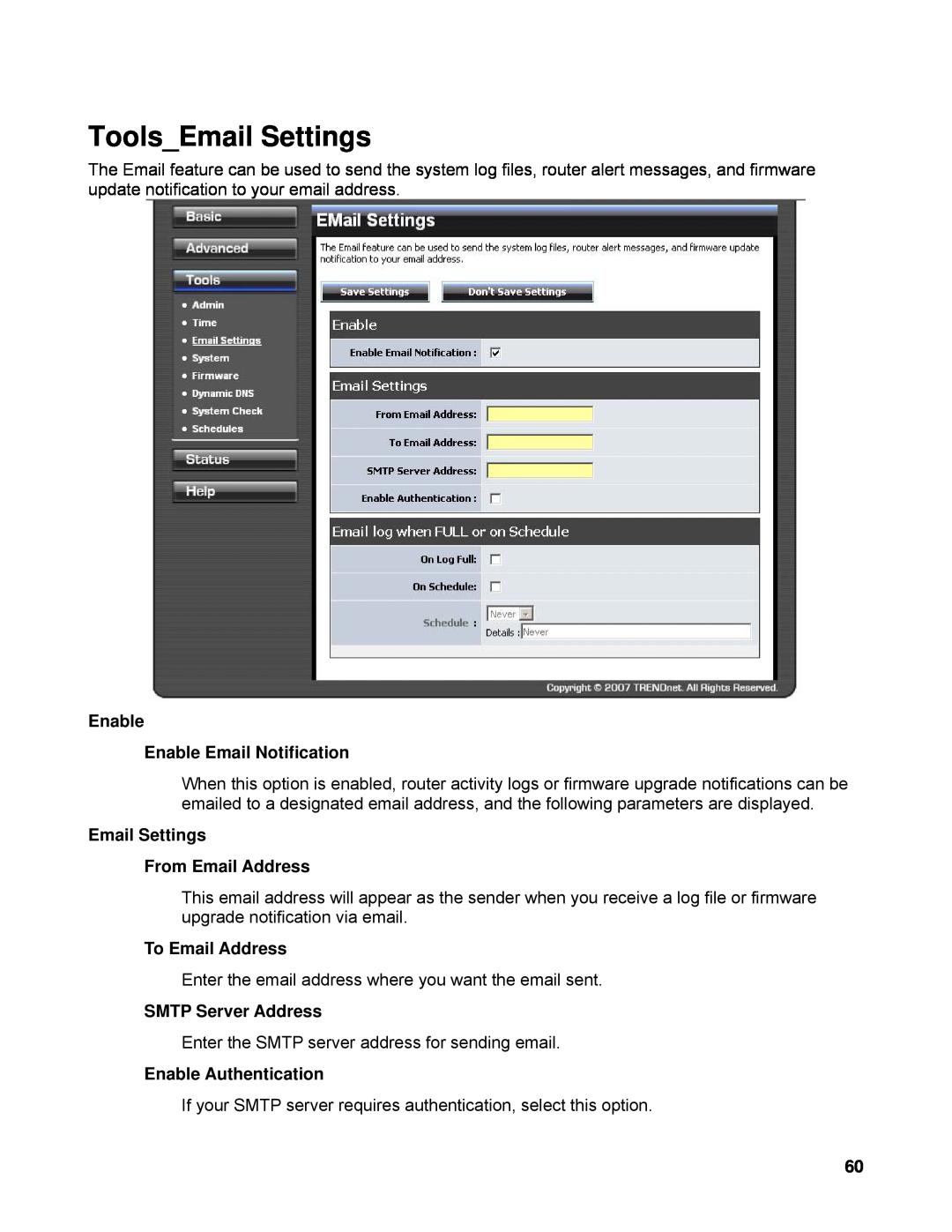 TRENDnet TEW-633GR manual ToolsEmail Settings, Enable Enable Email Notification, Email Settings From Email Address 