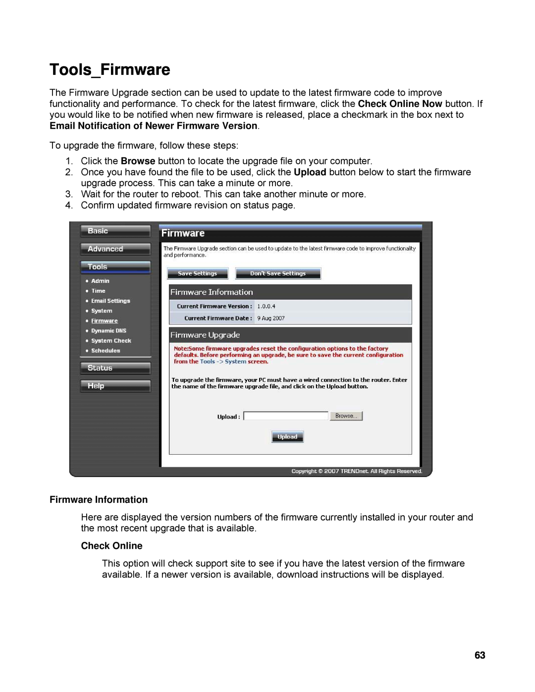 TRENDnet TEW-633GR manual ToolsFirmware, Firmware Information, Check Online 