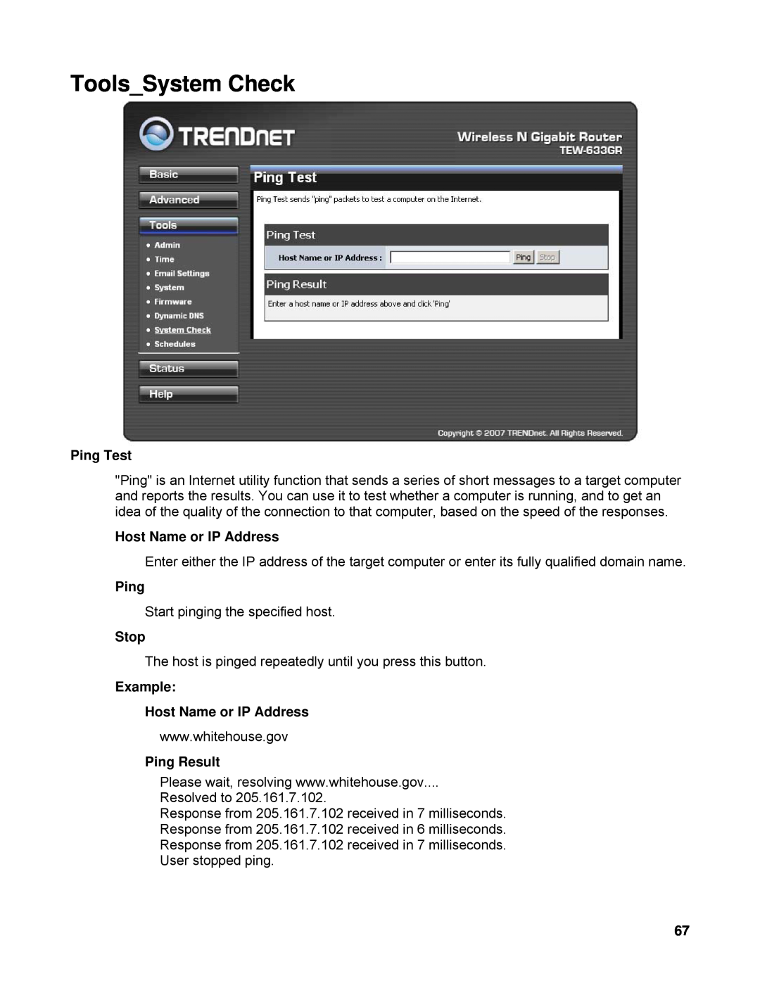 TRENDnet TEW-633GR manual ToolsSystem Check, Ping Test, Stop, Example Host Name or IP Address, Ping Result 