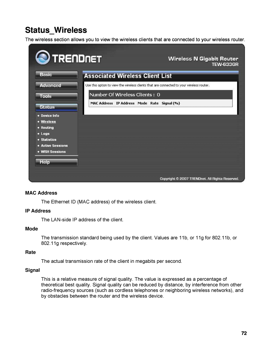 TRENDnet TEW-633GR manual StatusWireless, MAC Address, IP Address, Mode, Rate, Signal 
