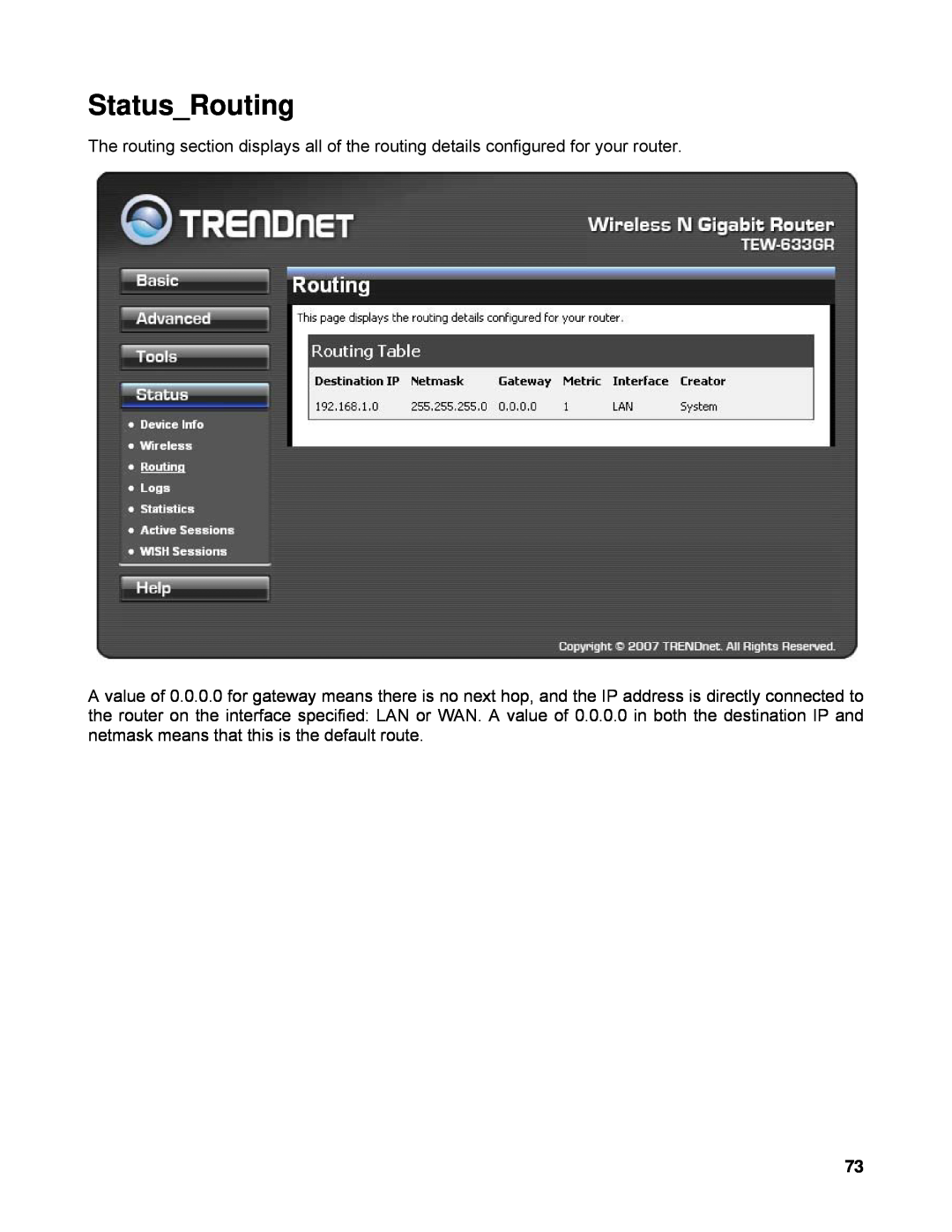 TRENDnet TEW-633GR manual StatusRouting 