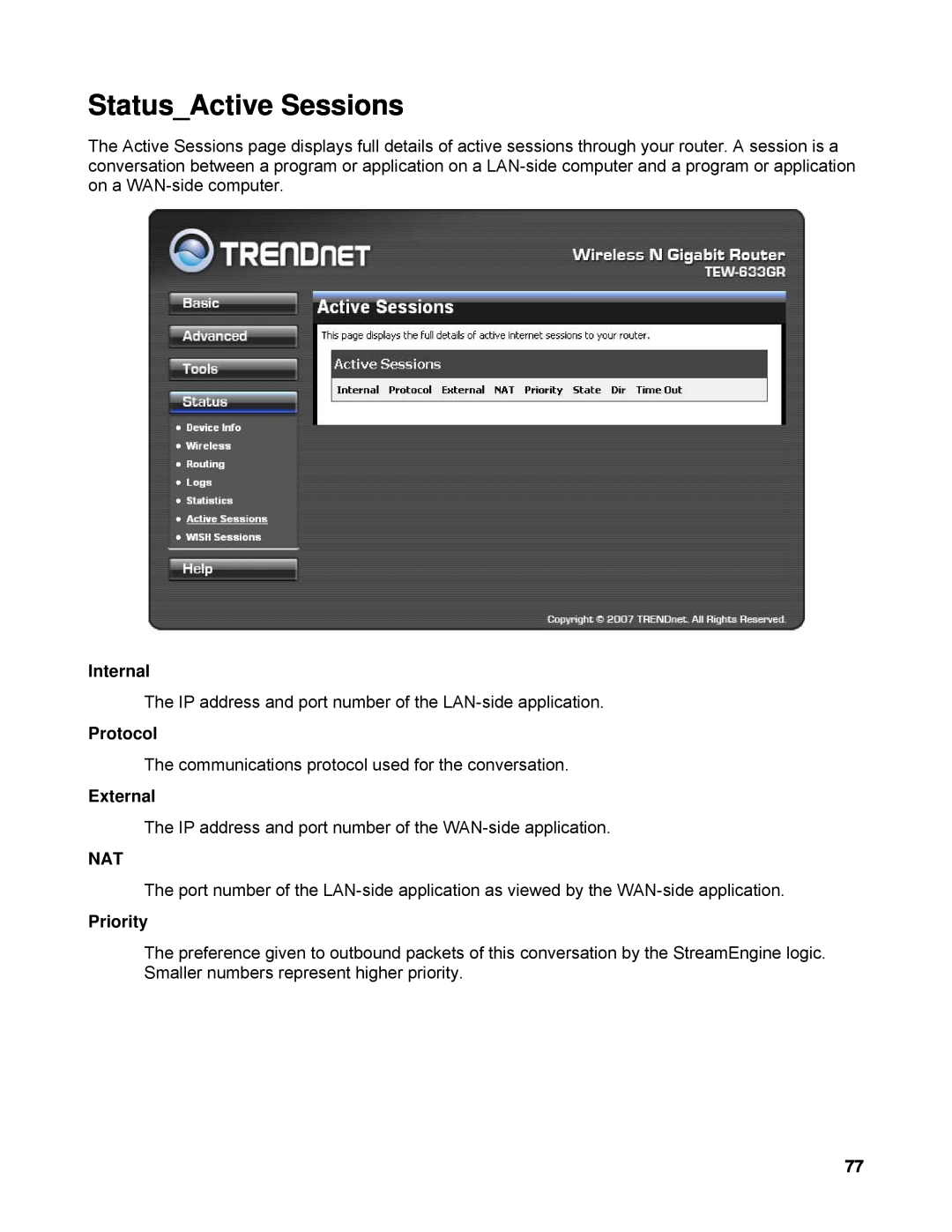 TRENDnet TEW-633GR manual StatusActive Sessions, Internal, Protocol, External, Priority 