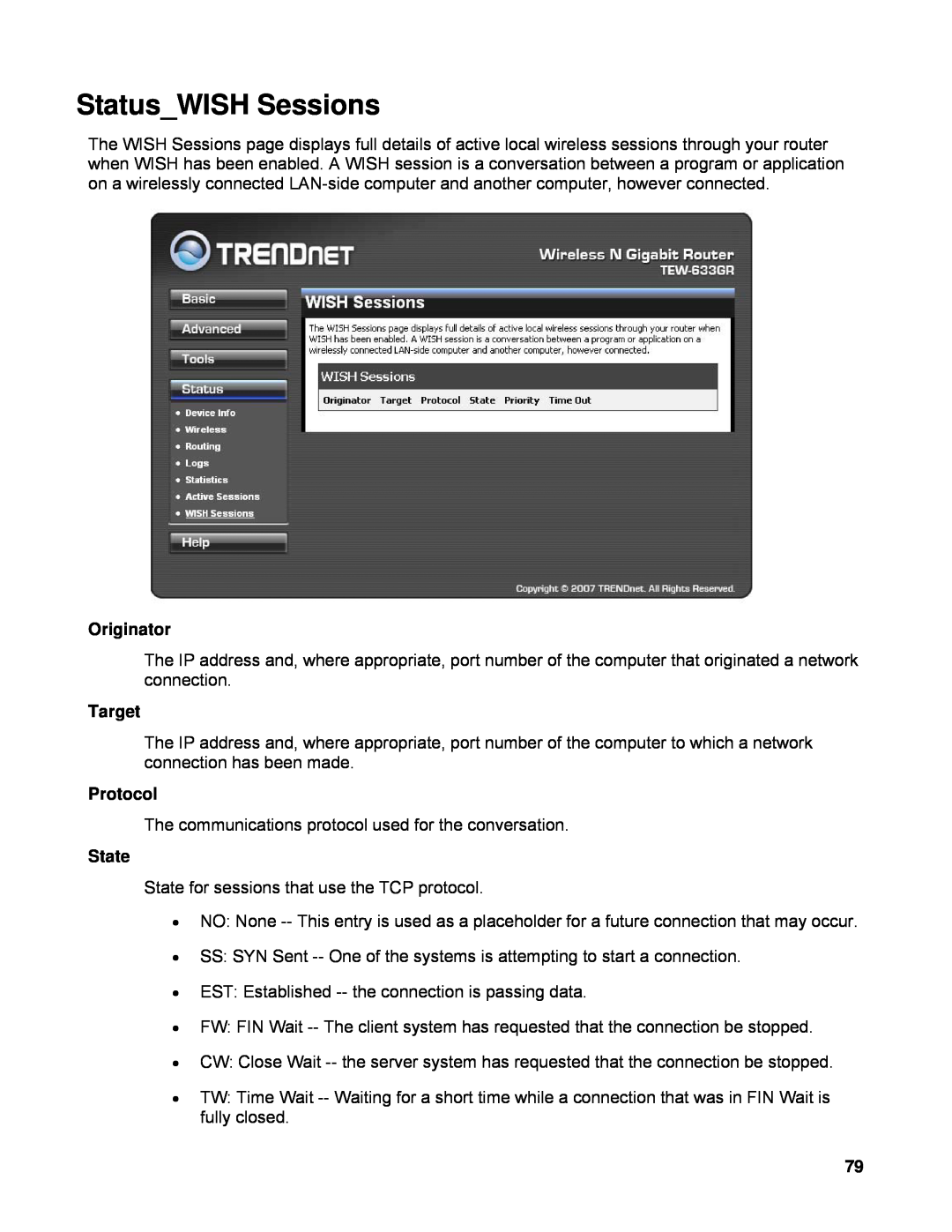 TRENDnet TEW-633GR manual StatusWISH Sessions, Originator, Target, Protocol, State 
